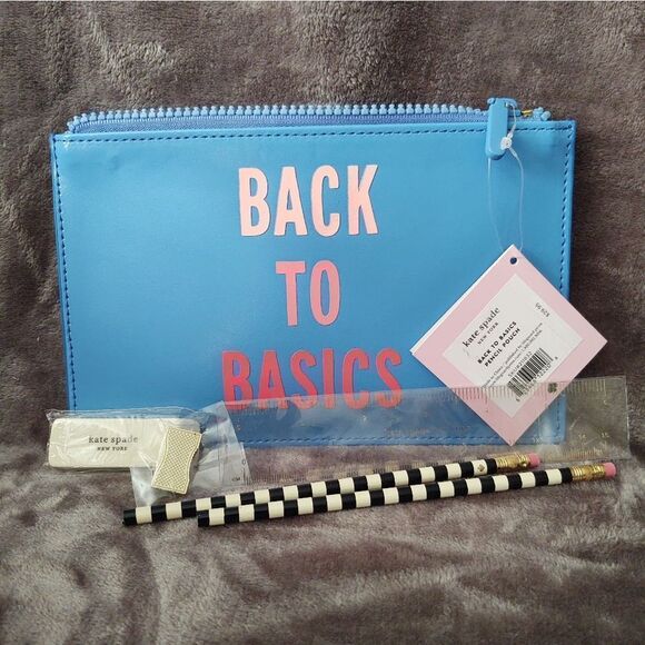 NWT Kate Spade Blue Leather Pencil Pouch Holder with Supplies "Back To Basics" - Picture 1 of 2